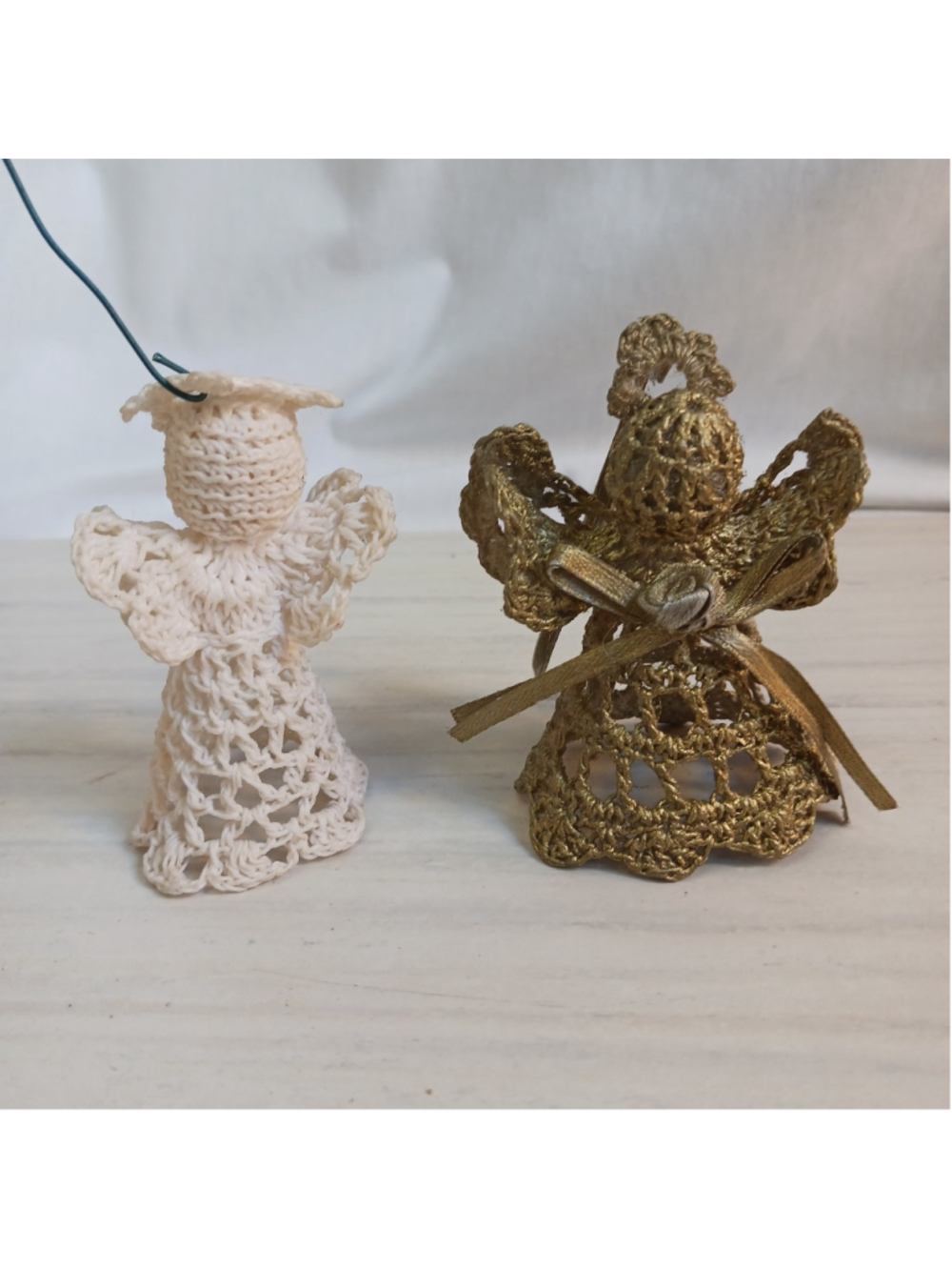 Vintage Handmade Crochet Angel Ornaments Set Of Two Gold White